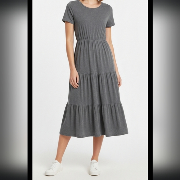 Sundry Tiered Midi Dress Charcoal Gray Anthropologie Size L Minimalist Modest - Picture 1 of 6